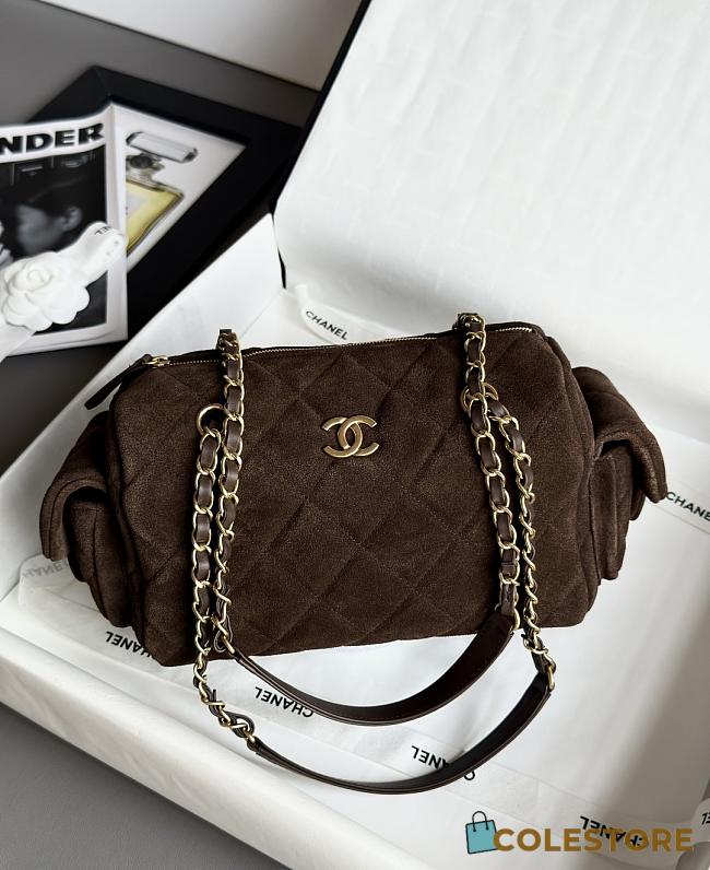 Colestore Chanel Small Bowling Bag Dark Brown Suede Antique Gold Hardware 15.5x24x11.5cm - 1