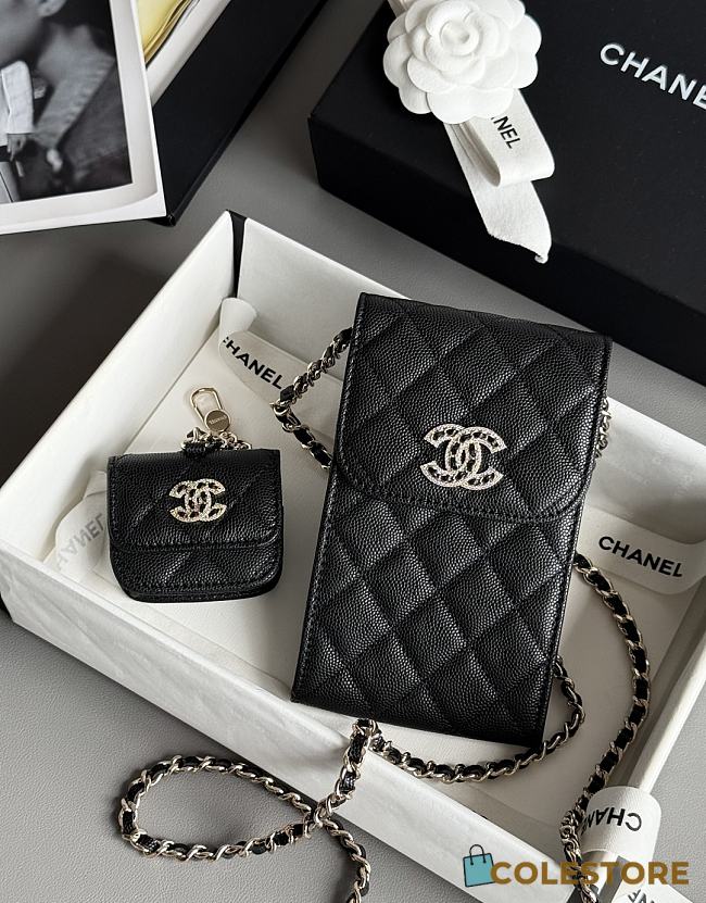 Colestore Chanel Black Quilted Caviar Leather Crystal CC Phone Holder + Airpod 18.5 × 19 × 2.5 cm - 1