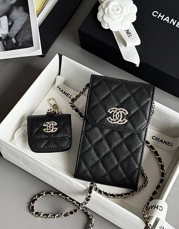 Colestore Chanel Black Quilted Caviar Leather Crystal CC Phone Holder + Airpod 18.5 × 19 × 2.5 cm
