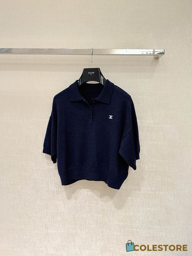 Colestore Celine Triomphe Cropped Polo In Wool Navy - 1