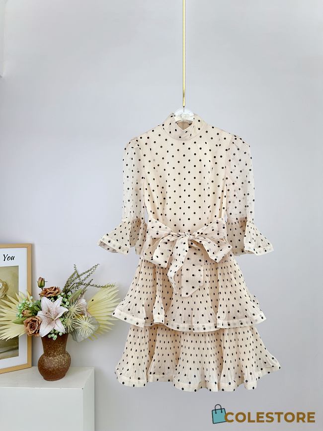 	 Colestore Zimmermann Pleated Sleeved Mini Dress Cream Black Polka Dot - 1