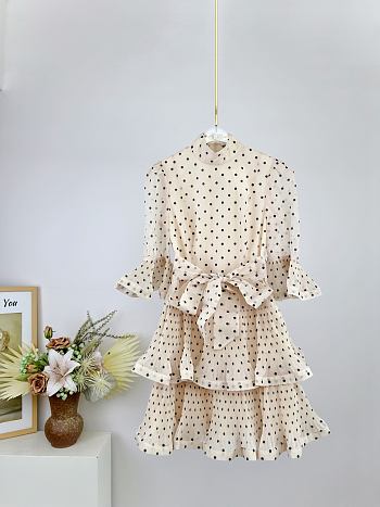	 Colestore Zimmermann Pleated Sleeved Mini Dress Cream Black Polka Dot