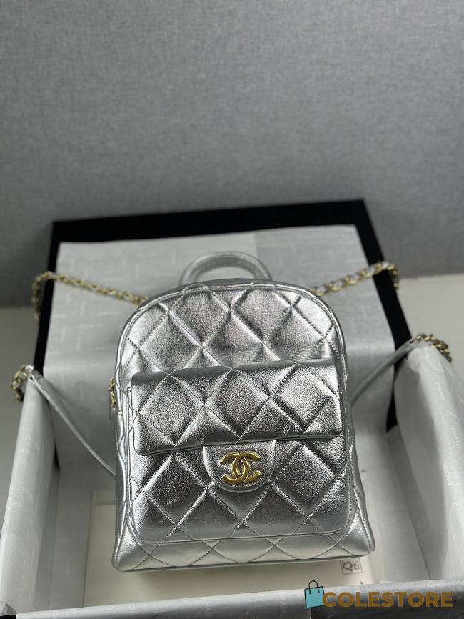 Colestore Chanel Metallic Silver Quilted Mini Backpack with Gold-Tone Hardware 22x22.5x8.5cm - 1