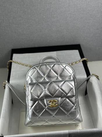 Colestore Chanel Metallic Silver Quilted Mini Backpack with Gold-Tone Hardware 22x22.5x8.5cm