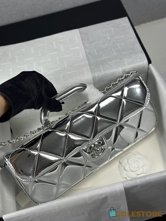 	 Colestore Chanel Large Flap Bag with Handle Mirrored Calfskin & Silver Metallic Pale Silver 29x5x12cm - 1