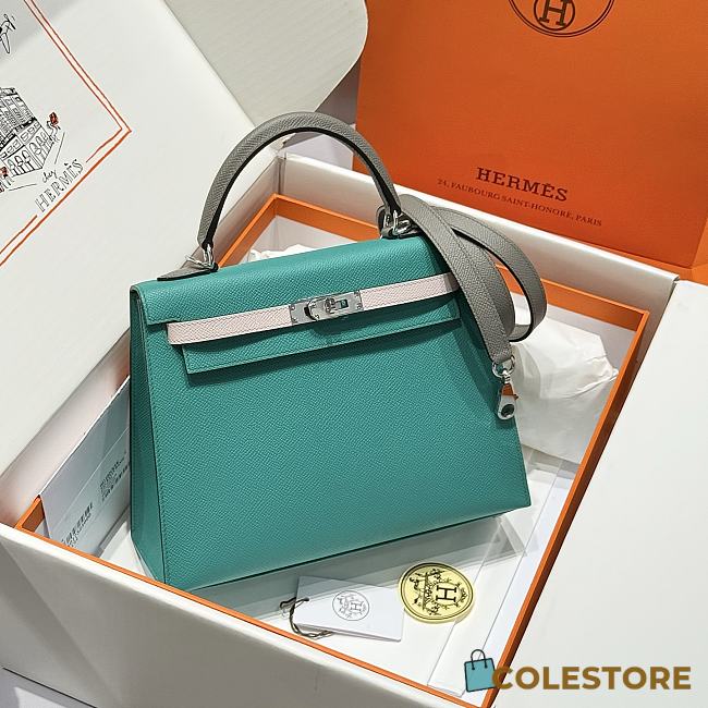 Colestore Hermes Kelly 25 Haas Epsom Leather in Cloud Gray / Milky White / Verona Green 25cm - 1