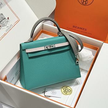 Colestore Hermes Kelly 25 Haas Epsom Leather in Cloud Gray / Milky White / Verona Green 25cm