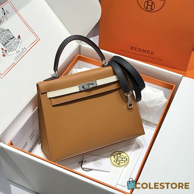 Colestore Hermes Kelly 25 Haas Epsom Leather in Gold / Milky White / Black 25cm - 1