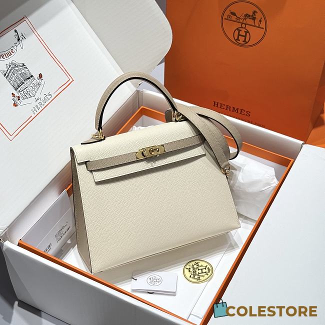 Colestore Hermes Kelly 25 Haas Epsom Leather in Milky White / Trench Grey 25cm - 1
