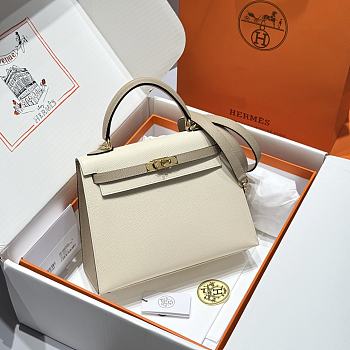 Colestore Hermes Kelly 25 Haas Epsom Leather in Milky White / Trench Grey 25cm