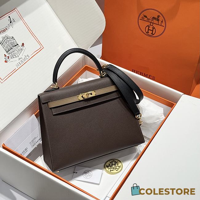 Colestore Hermes Kelly 25 Haas Epsom Leather in Ebony / Etoupe / Black 25cm - 1