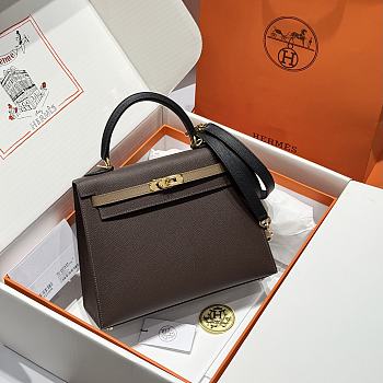 Colestore Hermes Kelly 25 Haas Epsom Leather in Ebony / Etoupe / Black 25cm