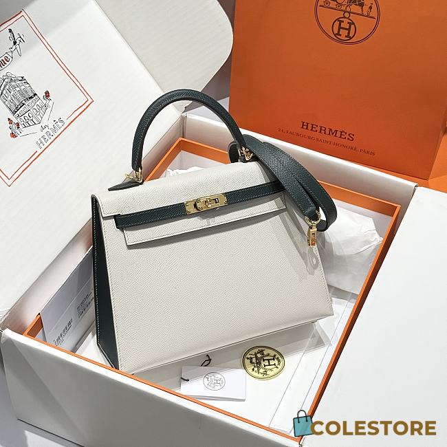 Colestore Hermes Kelly 25 Haas Epsom Leather in Pearl Grey / Vert Bronze 25cm - 1