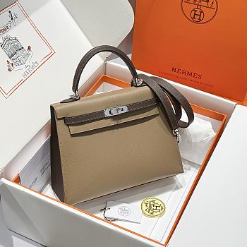 Colestore Hermes Kelly 25 Haas Epsom Leather in Etoupe / Ebony 25cm