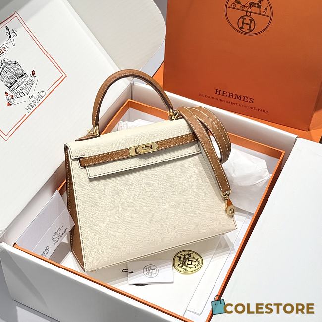Colestore Hermes Kelly 25 Haas Epsom Leather in Milky White / Golden Brown 25cm - 1