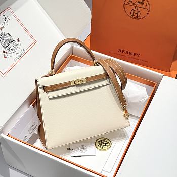 Colestore Hermes Kelly 25 Haas Epsom Leather in Milky White / Golden Brown 25cm
