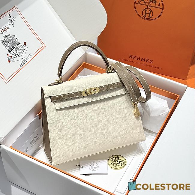 Colestore Hermes Kelly 25 Haas Epsom Leather in Etoupe / Craie 25cm - 1