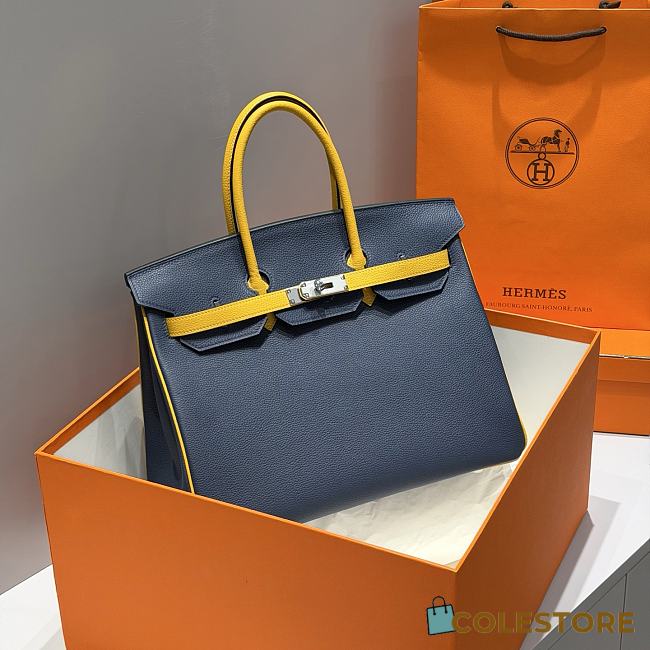 Colestore Hermes Birkin 35 Bicolor Navy Blue / Amber Yellow with Silver Hardware 35cm - 1