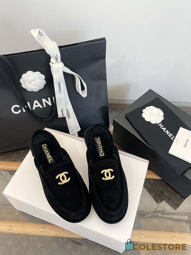 Colestore Chanel Shearling Slingback Loafers Black Gold CC - 1