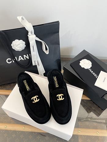 Colestore Chanel Shearling Slingback Loafers Black Gold CC