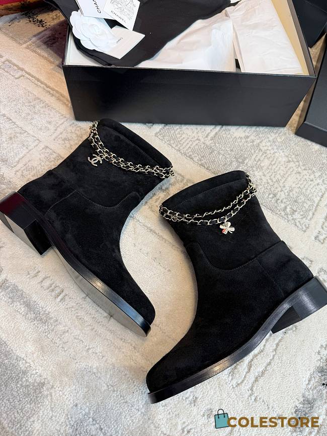 Colestore Chanel 25B Chain Charm Suede Short Boots Black - 1