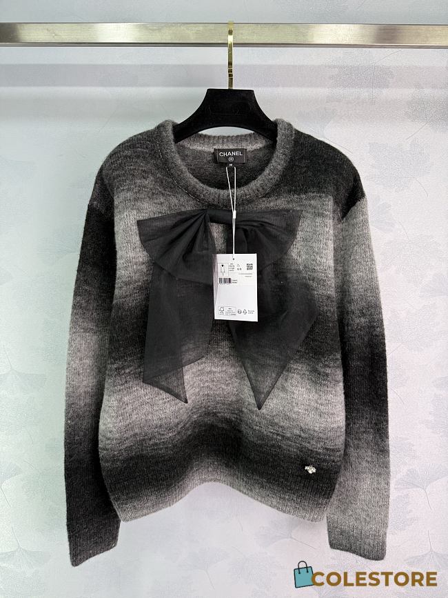 Colestore Chanel Gray Gradient Knit Top with Statement Bow - 1
