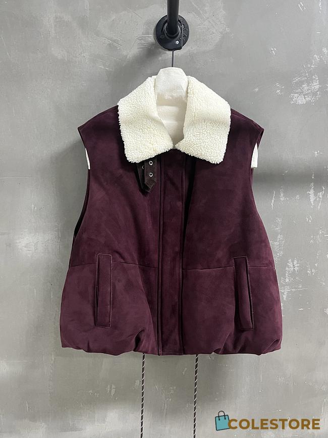 Colestore Loewe Puffer Vest in Shearling and Cotton Blend Burgundy - 1