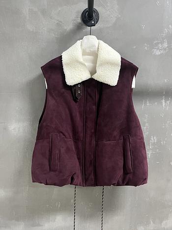 Colestore Loewe Puffer Vest in Shearling and Cotton Blend Burgundy