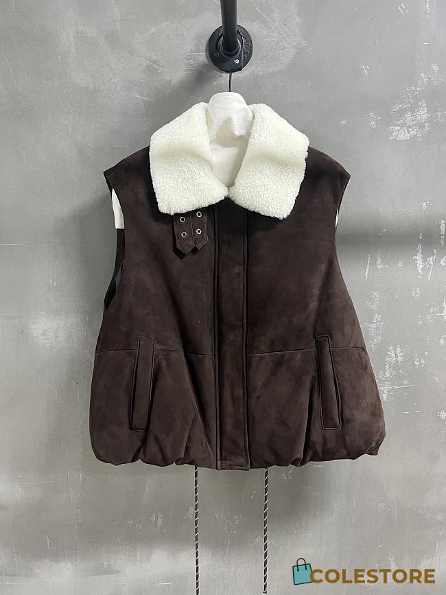 Colestore Loewe Puffer Vest in Shearling and Cotton Blend Dark Brown - 1