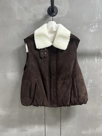 Colestore Loewe Puffer Vest in Shearling and Cotton Blend Dark Brown