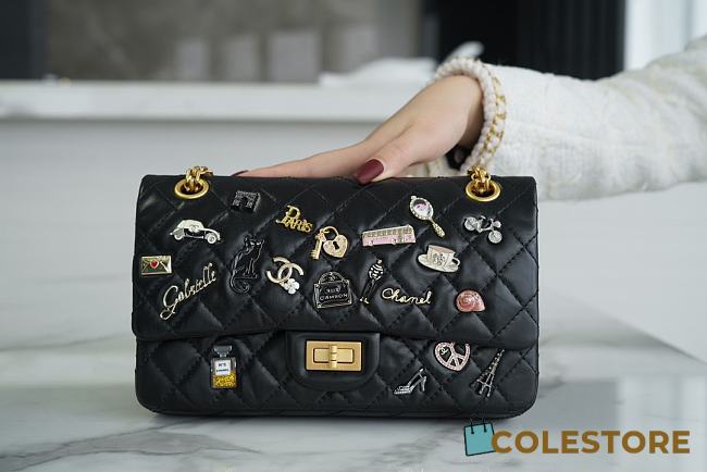 Colestore Chanel 2.55 Black Quilted Flap Bag with Paris Charms 16x24x7.5 cm - 1