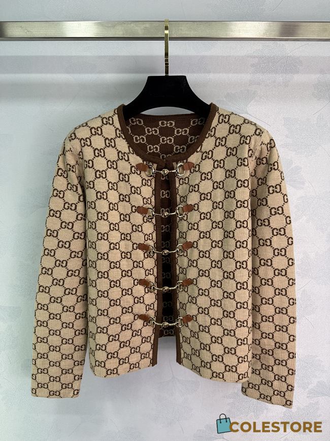 Colestore Gucci Monogram Knit Cardigan with Chain Closure Brown - 1