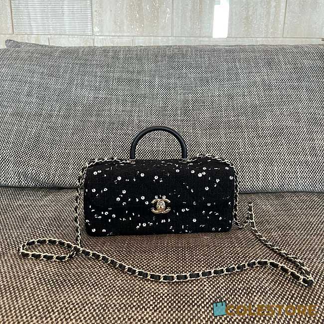 Colestore Chanel Mini Top Handle Flap Bag with Sequin Tweed Black 22x10x9cm - 1
