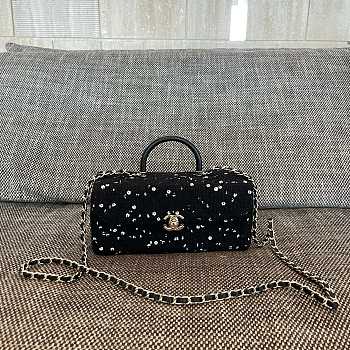 Colestore Chanel Mini Top Handle Flap Bag with Sequin Tweed Black 22x10x9cm