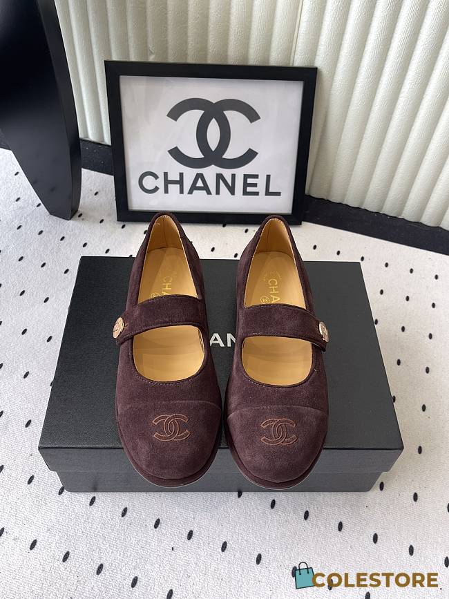 Colestore Chanel Brown Suede Mary Jane Flats  Interlocking CC Logo - 1