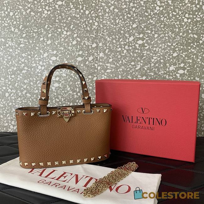 	 Colestore Valentino Rockstud Mini Shopping Bag In Grainy Calfskin Saddle Brown 18.5x12.5x5.5cm - 1