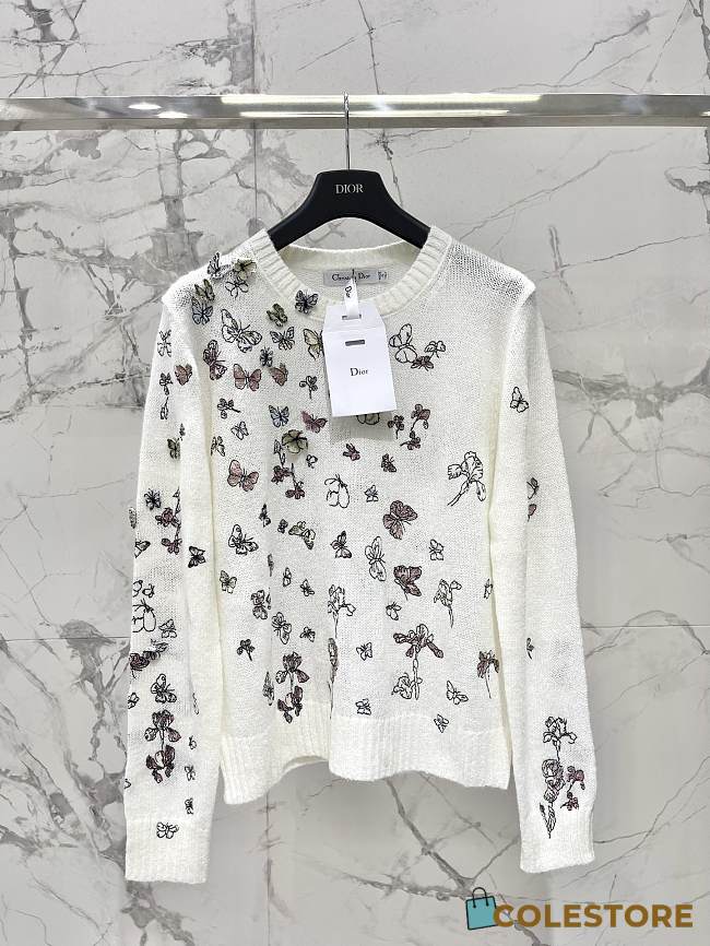 Colestore Dior Embroidered Sweater White Alpaca, Cashmere and Silk Knit with Multicolor Butterflies & Iris Motif - 1