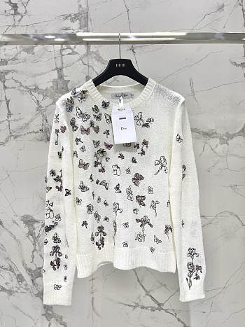 Colestore Dior Embroidered Sweater White Alpaca, Cashmere and Silk Knit with Multicolor Butterflies & Iris Motif