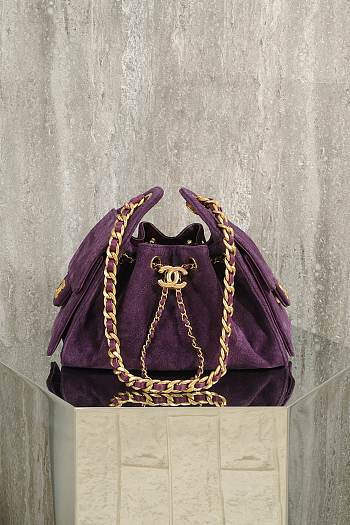 Colestore Chanel 25 Mini Handbag Suede & Gold Metal Dark Purple 20x22x12.5cm