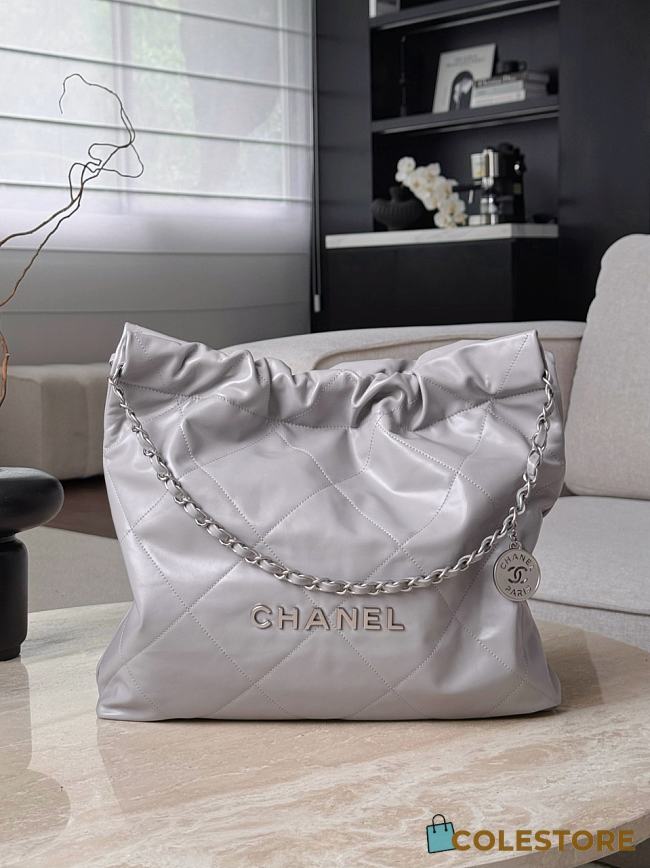 Colestore Chanel 22 Bag Glossy Calfskin & Silver Metal Light Gray 42x39x8cm - 1