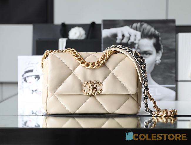 	 Colestore Chanel 19 Bag Shiny lambskin, Gold, Silver & Ruthenium Plated Metal Ivory Beige 16x26x9cm - 1