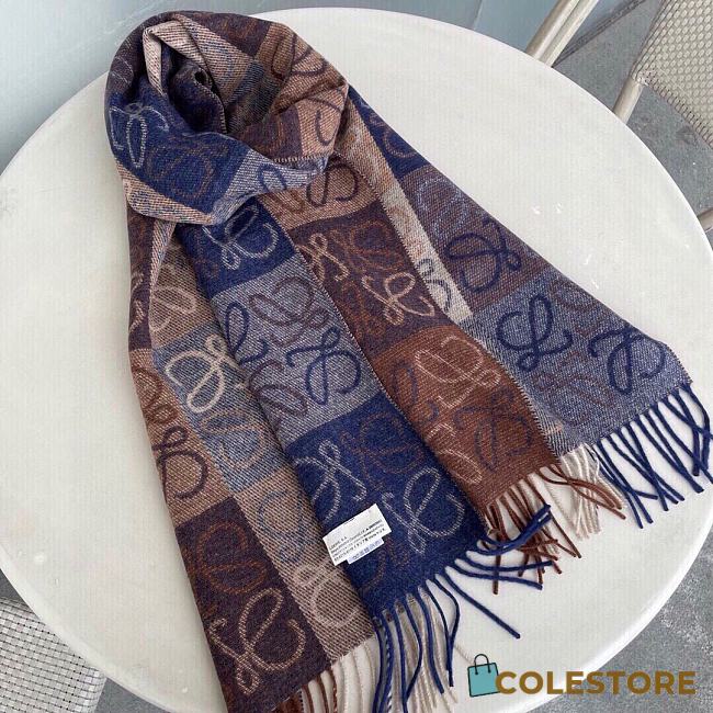 Colestore Loewe Brown and Blue Checkerboard Scarf in Wool & Cashmere - 1