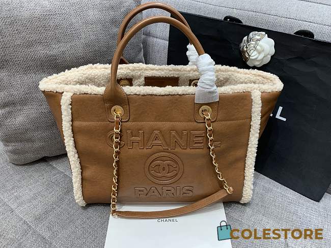 Colestore Chanel Shopping Bag Brown Lambskin And Teddy Shearling 38cm - 1