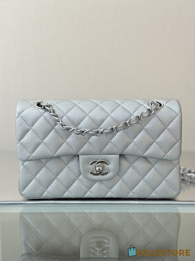 Colestore Chanel Classic Flap Bag Metalic Silver Caviar Leather 23x14.5x6cm - 1