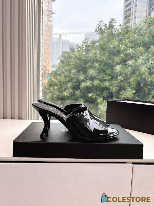 Colestore Chanel Open Heel Shoes Glossy Calfskin Black  - 1