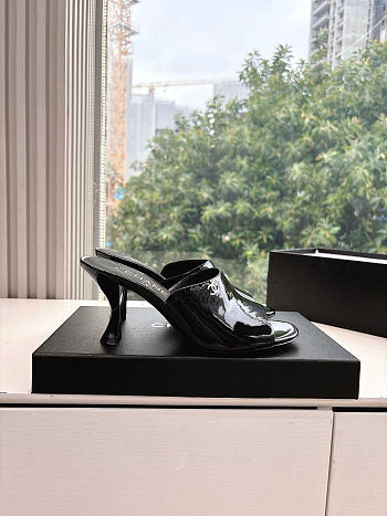 Colestore Chanel Open Heel Shoes Glossy Calfskin Black 