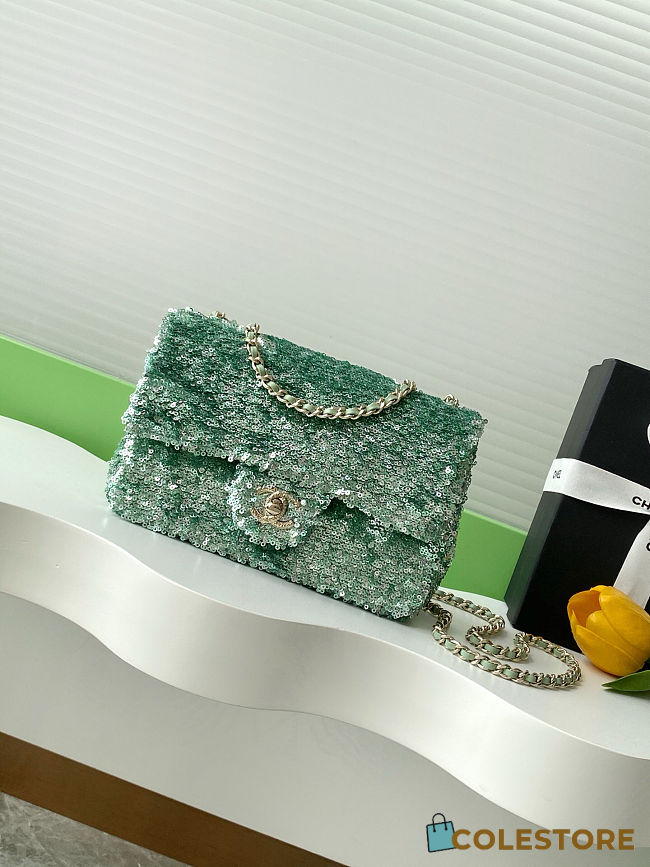 Colestore Chanel Flap bag Sequin & Gold Plated Metal Green 21x14x8cm - 1