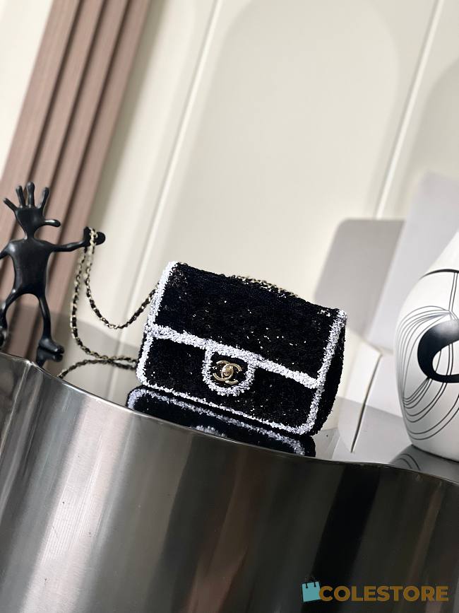 Colestore Chanel Flap bag Sequin & Gold Plated Metal Black & White  14 x 21 x 8cm - 1