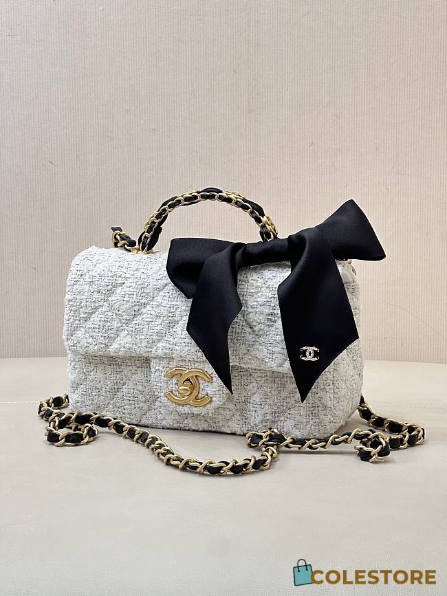 Colestore Chanel Mini Flap Bag with Handle Weed, Silk & Gold Metallic Black & White  13 x 20 x 6cm - 1