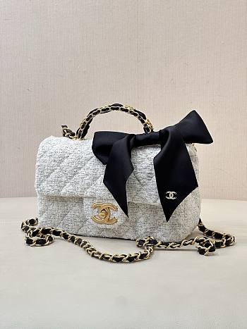 Colestore Chanel Mini Flap Bag with Handle Weed, Silk & Gold Metallic Black & White  13 x 20 x 6cm